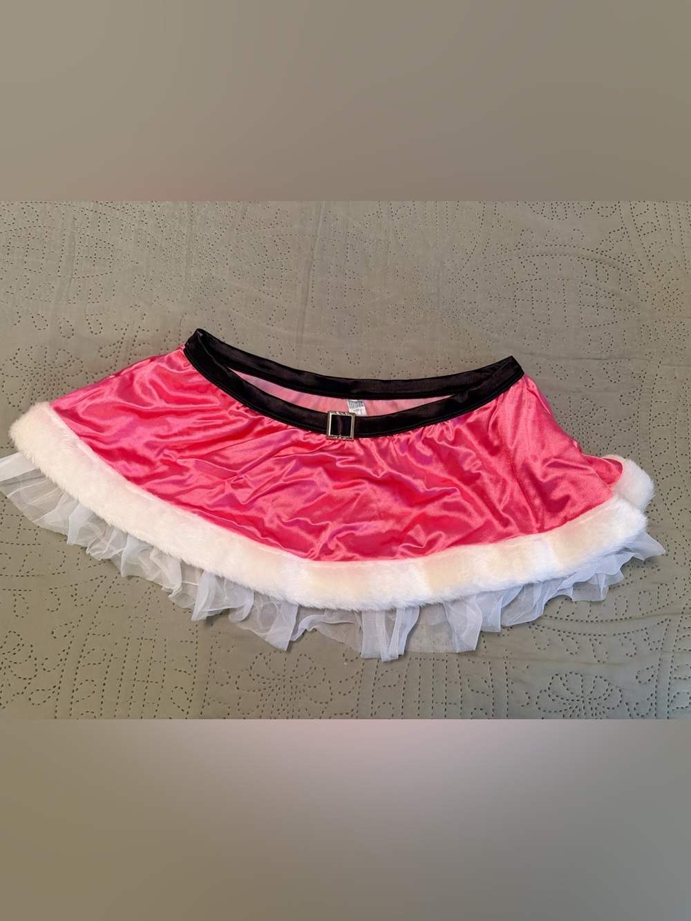 Pink Satin Circle Holiday Skirt with White Faux-Fur Trim